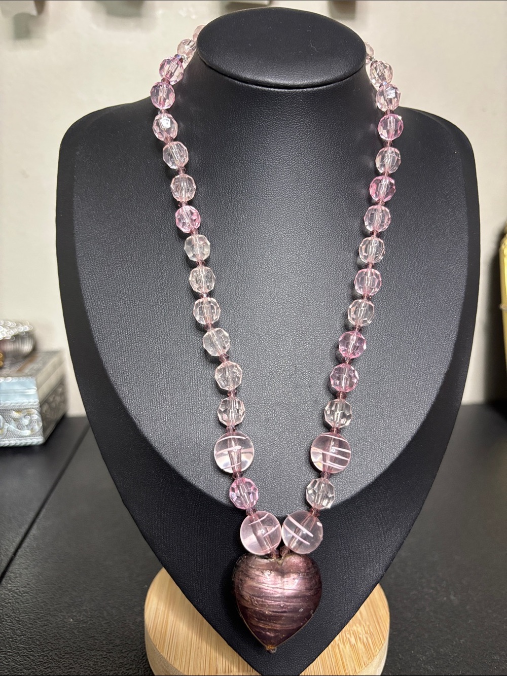 Vintage Elegant Pink Acrylic Beaded Dichroic Glass Heart Pendant Necklace